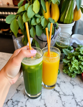 Green smoothie in glass and orange juice in glass with straw.の写真素材