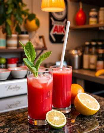 Bloody Mary cocktail garnished with fresh mint and lime slices.の写真素材