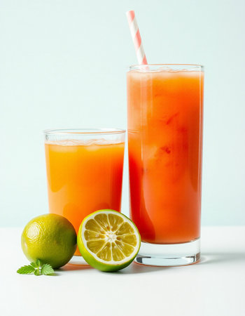 Glasses of fresh juice with lime and mint on a white background