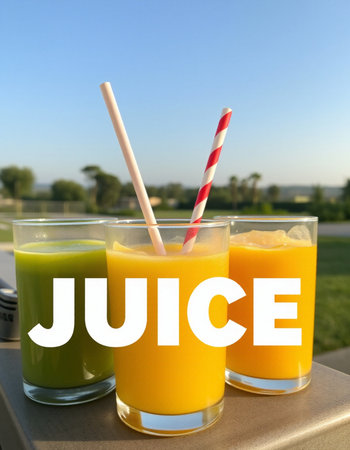 Juice in glasses with straws on table outdoors, closeupの写真素材