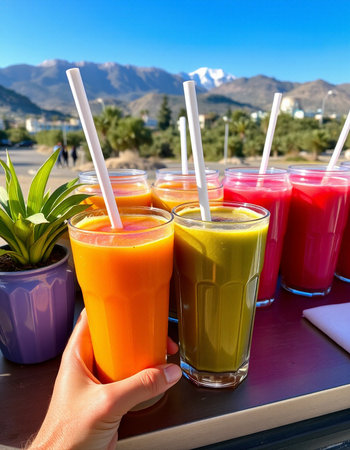 Healthy smoothies in a glass with fresh fruits and vegetables.