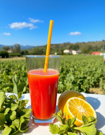 Glass of fresh juice with straw and lemon on table in vineyardの写真素材