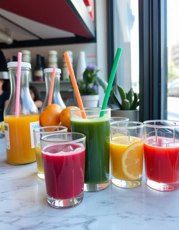 Variety of fresh juices in glasses on a table in a cafeの写真素材