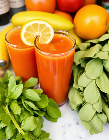 Glasses of fresh carrot juice with basil and lemonsle tableの写真素材