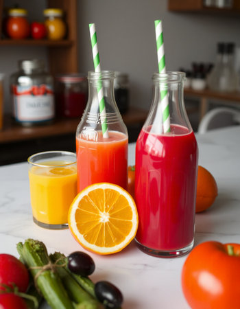 Fresh juice and smoothies in glass bottles with straws on kitchen tableの写真素材