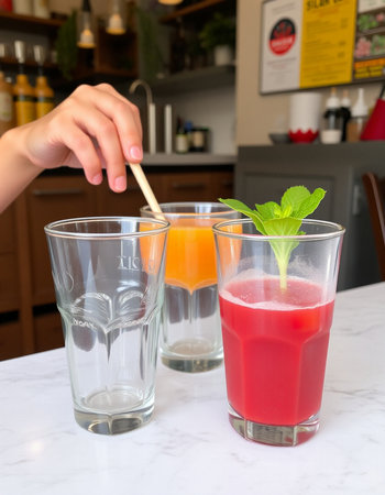 Close-up of two glasses of fresh juice with mint on the table