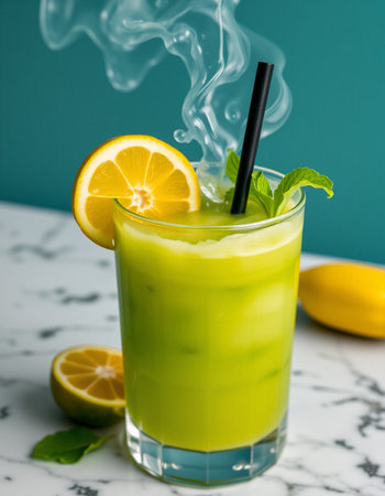 Refreshing summer cocktail with lemon and mint on a white marble tableの写真素材