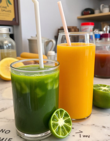 Glass of fresh juice with straws on the table in the kitchenの写真素材