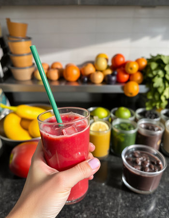 Female hand holding glass of fresh smoothie with fruits and vegetables in backgroundの写真素材