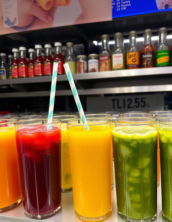 Colorful smoothies in a glass on the shelf of a supermarketの写真素材