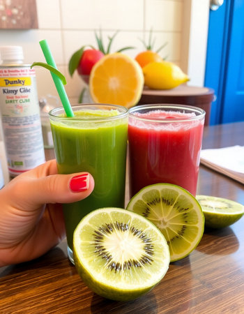 Healthy green smoothie with kiwi, lime and bananaの写真素材