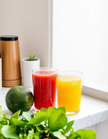 Freshly squeezed juice in a glass and fresh vegetables on the windowsillの写真素材