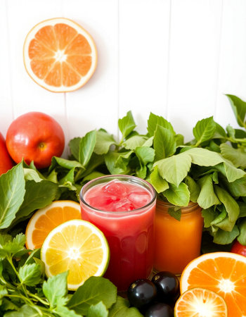 Fresh juice with fruits and vegetables on wooden background. Detox diet.の写真素材