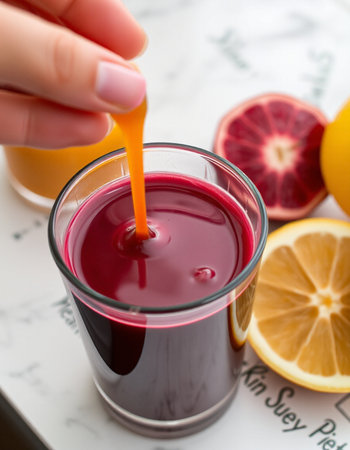 Close-up of female hand pouring juice into glass with fresh fruits