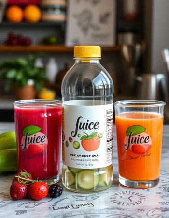 Bottles of fresh juice and smoothies in the kitchenの写真素材