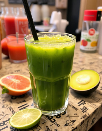 Green smoothie with avocado, lime and watermelon juice in a glassの写真素材