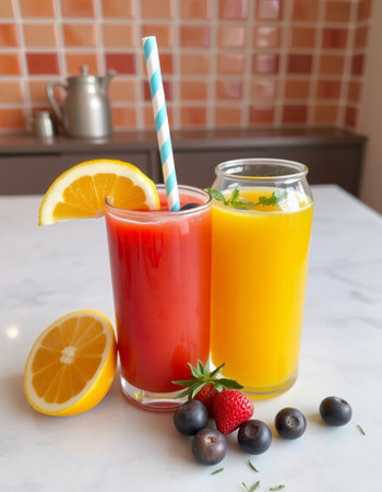 Two glasses of fresh juice with straws and fruits on the table