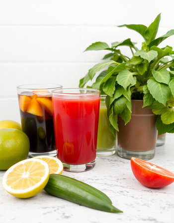 Three glasses of fresh vegetable juices with ingredients on white background, copy space
