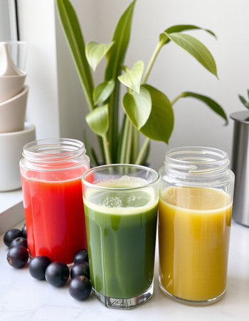 Healthy smoothies in glass jars with fresh fruits on windowsillの写真素材