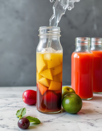 Fruit and vegetable juices in glass bottles on white marble table.