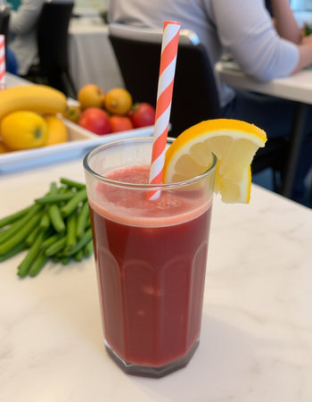 A glass of fruit juice with a straw and a slice of lemonの写真素材