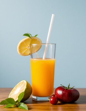 A glass of orange juice with a straw and fruits on a wooden tableの写真素材