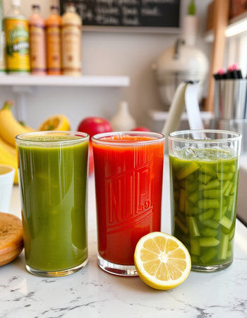 Glasses of fresh vegetable smoothies with fruits and vegetables in the kitchenの写真素材
