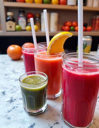 Glasses of fresh juice with fruits and vegetables in the background.の写真素材