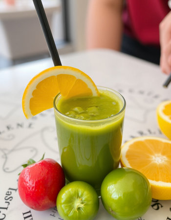 Healthy green smoothie with fresh fruits and vegetables on the tableの写真素材