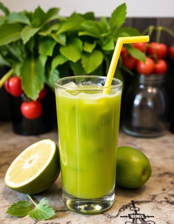 Green smoothie with lime and celery in a glass on the tableの写真素材