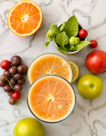 Glasses of fresh smoothie and ingredients on white marble table, top viewの写真素材