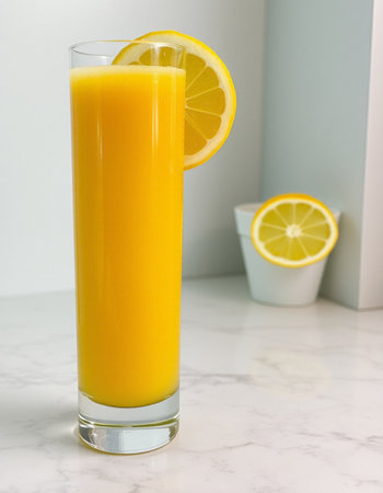 A glass of orange juice with a slice of lemon in the backgroundの写真素材
