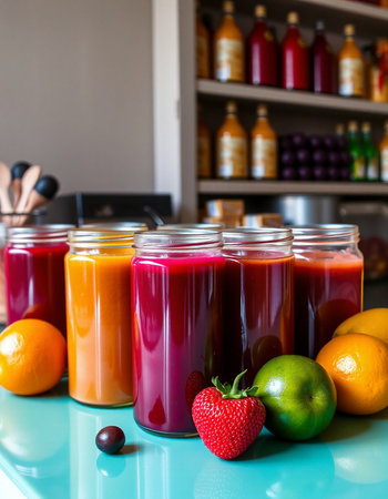 Fresh fruit juices in glass jars on a blue table in the kitchen
