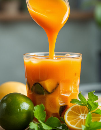 Fresh orange juice in a glass with ice cubes and fresh fruits.の写真素材
