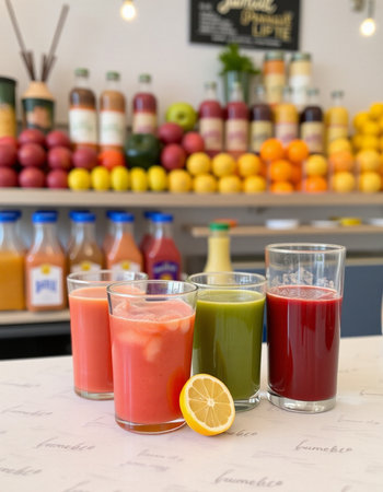 Glasses of fresh juice with fruits and vegetables on table in supermarketの写真素材