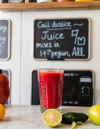 Juice in a glass on a table in a modern kitchen.の写真素材