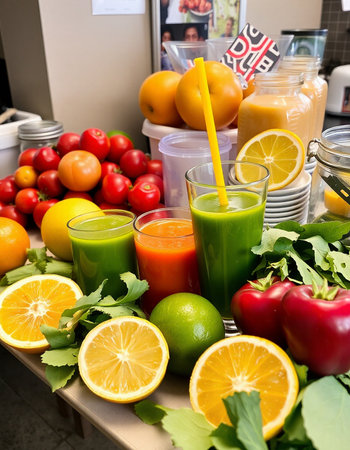 Fresh fruit and vegetable juices in a glass, healthy food concept.の写真素材