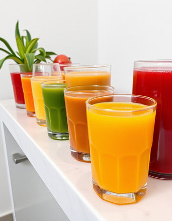 Variety of fresh juices in glasses on a white countertop.の写真素材
