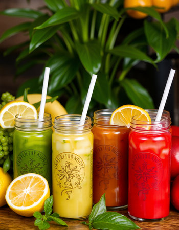 Healthy smoothies in glass jars with fresh fruits and vegetables.の写真素材