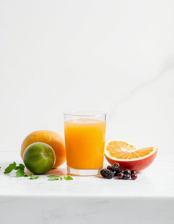 Glass of fresh orange juice with fruits on white marble table, copy spaceの写真素材