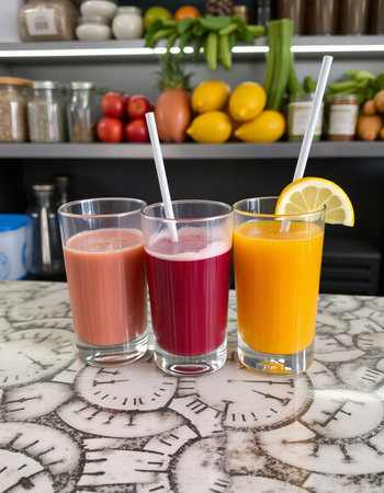 Healthy smoothies in glass with strawsle table in kitchenの写真素材