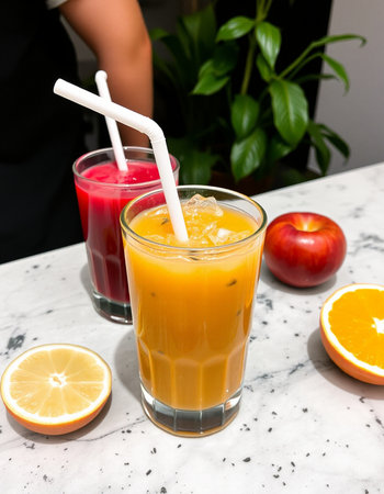 Freshly squeezed orange juice and smoothies in a glass on a marble table