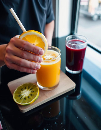 Freshly squeezed orange juice in a glass and a straw on a wooden table