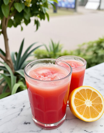 Two glasses of fresh juice with lemon and grapefruitle table
