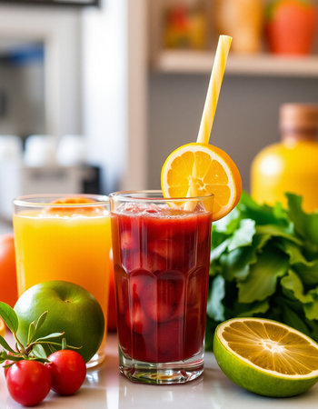 Fresh juice in a glass with a straw and fresh fruits and vegetablesの写真素材