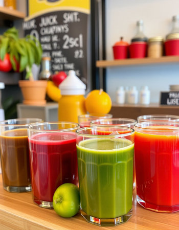 Glasses of fresh vegetable juices on wooden table in a cafe.の写真素材