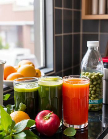 Fruit and vegetable juices in glasses on a table in the kitchenの写真素材
