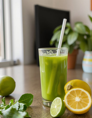 Green smoothie with lemon and mint in a glass on the tableの写真素材