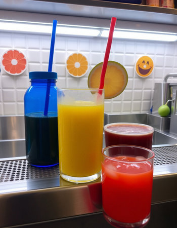 Colorful juice in a glass with straws on the bar counterの写真素材