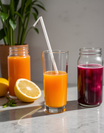 Freshly squeezed juice in a glass with a straw on the tableの写真素材